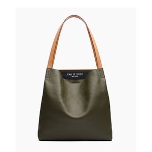 NWT Rag & Bone ‘Passenger’ leather tote; olive w: tan straps, orange accents.
